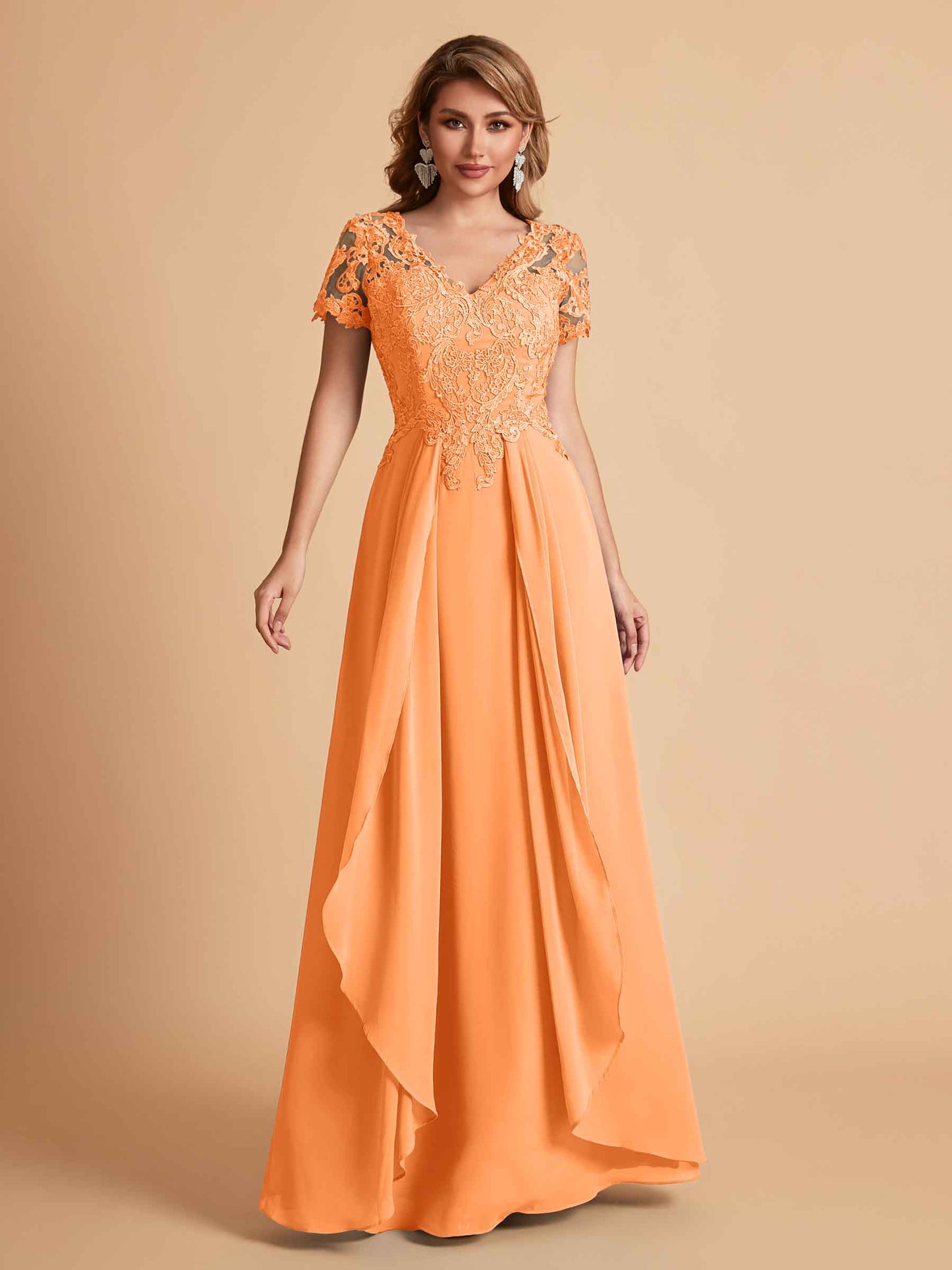Elegant A-Line Chiffon Short Sleeves V-neck Mother of the Brides Dresses Lace Top MOB Dresses