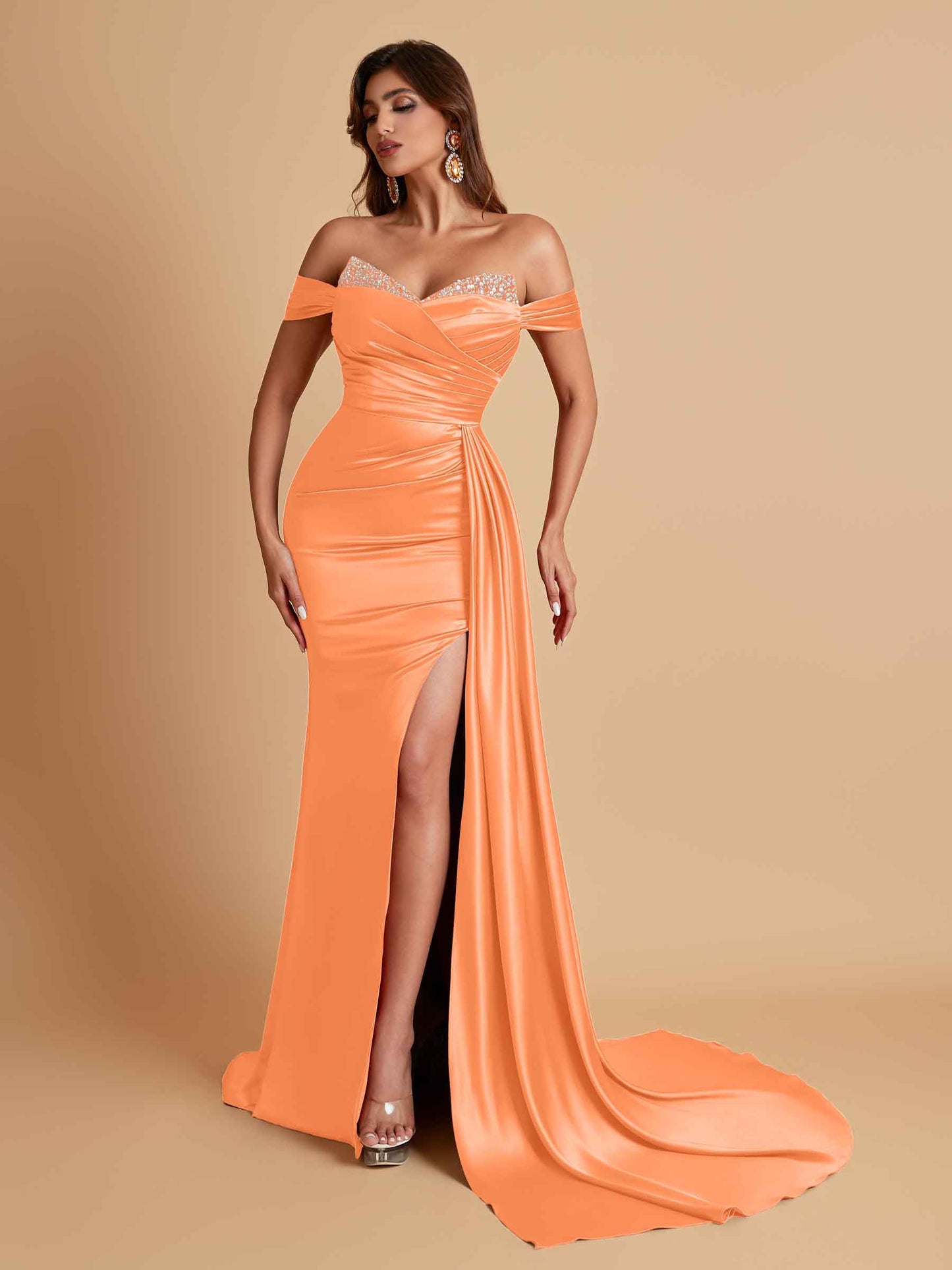 Gorgeous Soft Satin V-neck Off-the-Shoulder Side-Slit Mermaid Bridesmaid Dresses