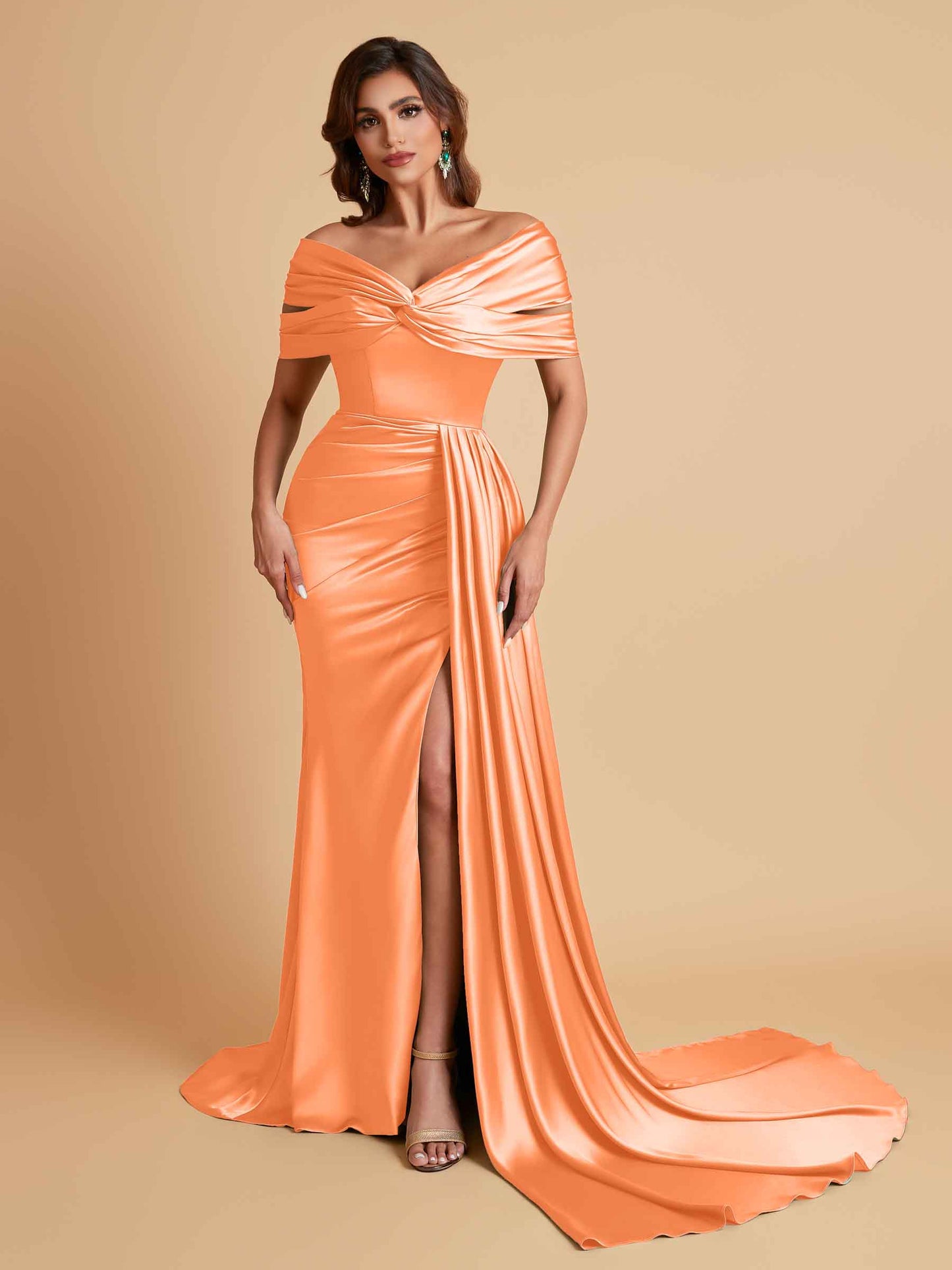 Elegant Soft Satin V-neck Off-the-Shoulder Side-Slit Mermaid Bridesmaid Dresses