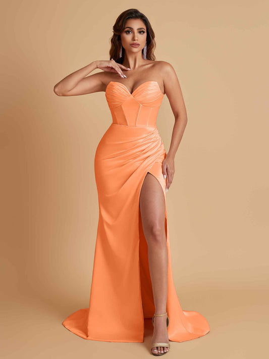 Elegant Soft Satin Mermaid V-neck Side Slit Floor-Length Bridesmaid Dresses Online