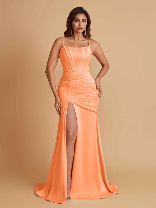 Sexy Soft Satin Mermaid Spaghetti Straps Side Slit Floor-Length Bridesmaid Dresses