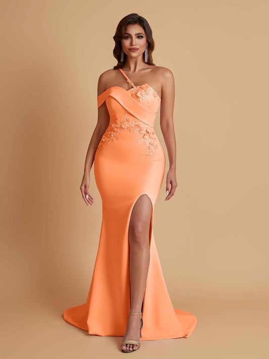 Sexy Soft Satin Mermaid One Shoulder Asymmetrical Side Slit Floor-Length Bridesmaid Dresses