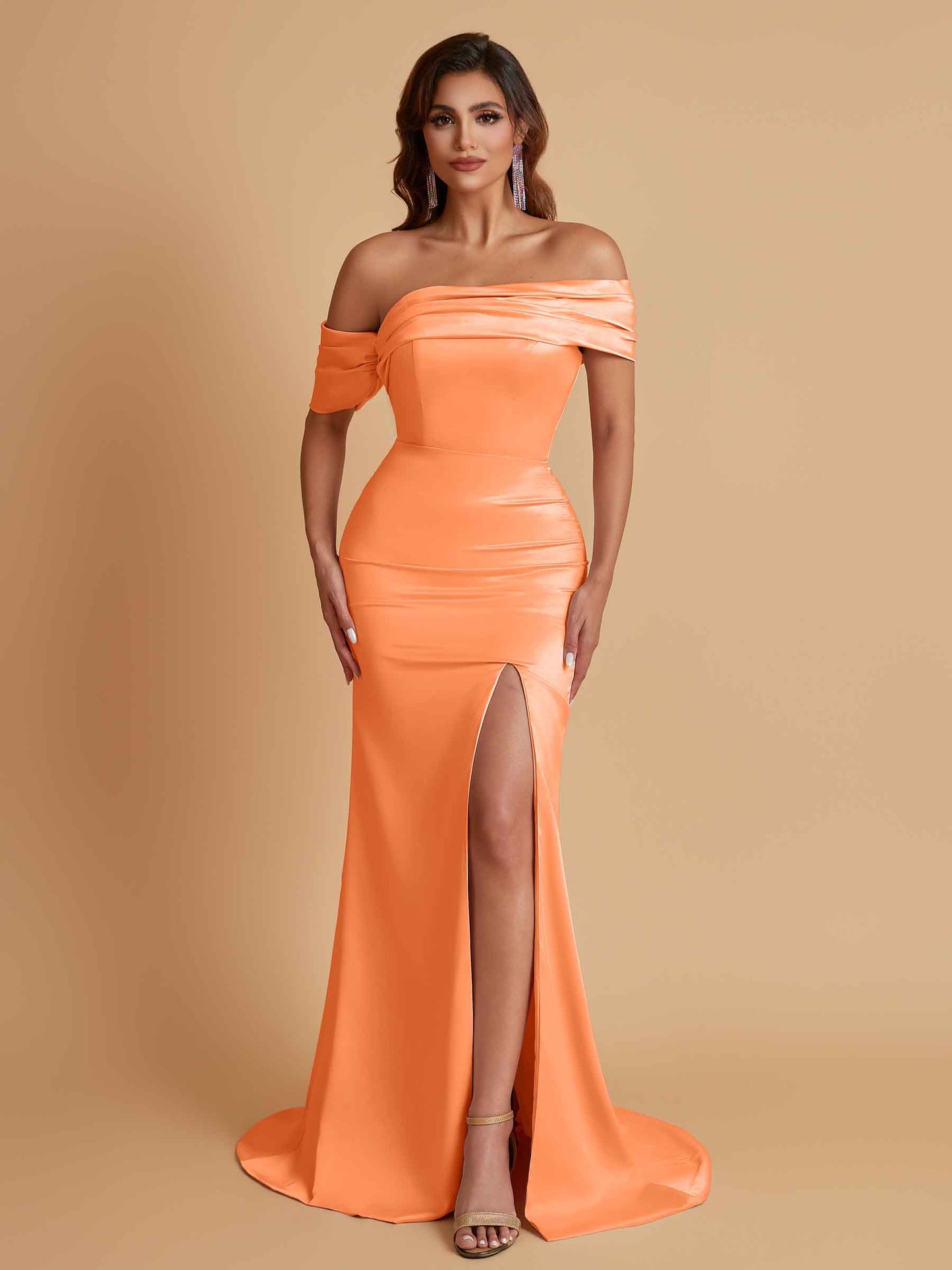 Elegant Soft Satin Mermaid Off Shoulder Asymmetrical Side Slit Floor-Length Bridesmaid Dresses