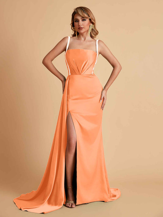 Sexy Satin Mermaid With Train Bridesmaid Dresses Pleats Side-Slit Floor-Length Wedding Guest Dresses