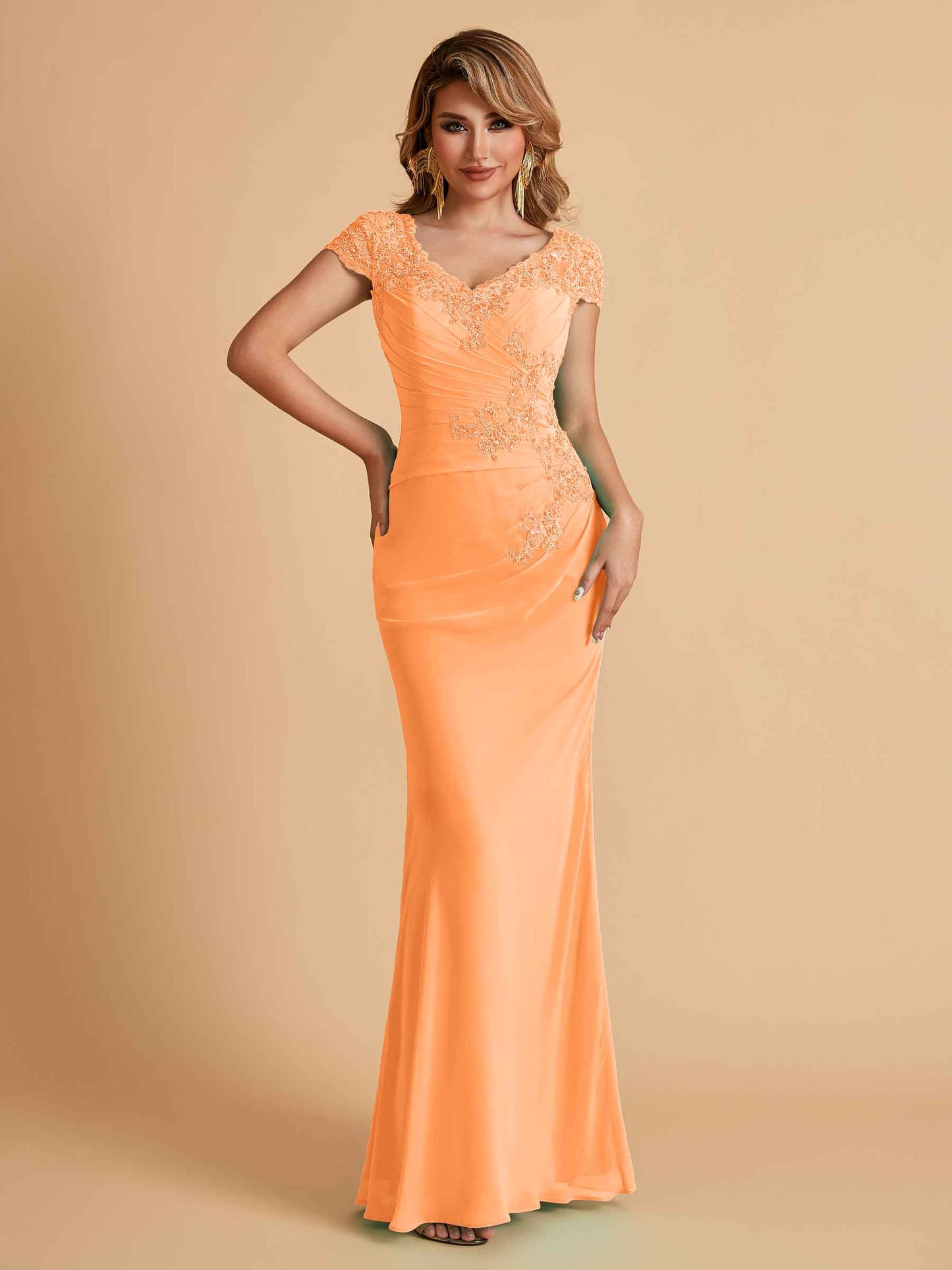 Elegant Mermaid Chiffon Cap Sleeves V-Neck Mother of the Brides Dresses Online