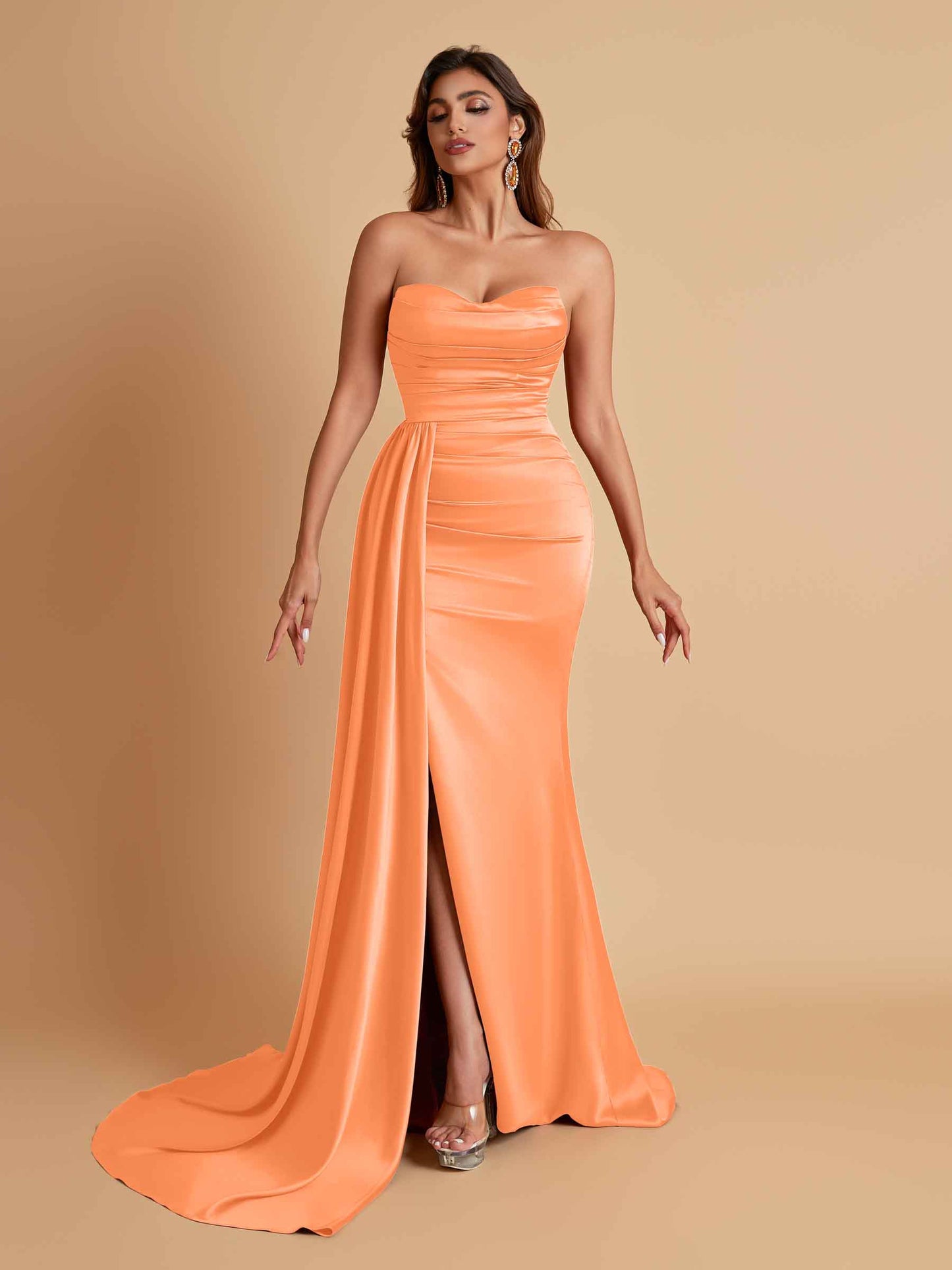 Elegant Soft Satin Sweetheart Strapless Side-Slit Mermaid Bridesmaid Dresses