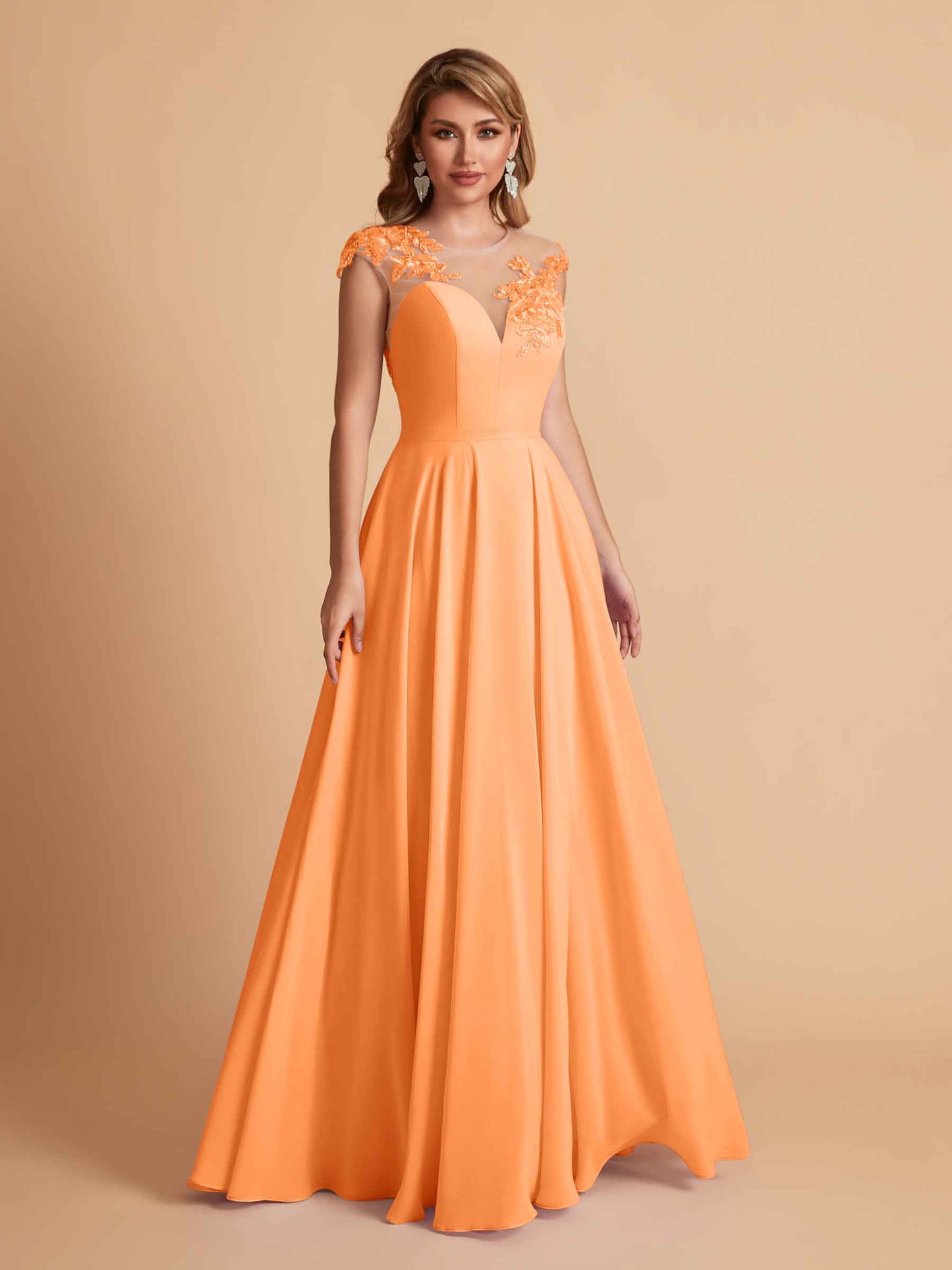 Chiffon Illusion Lace Top A-line Bridesmaid Dresses V-neck Floor Length Wedding Guest Dresses