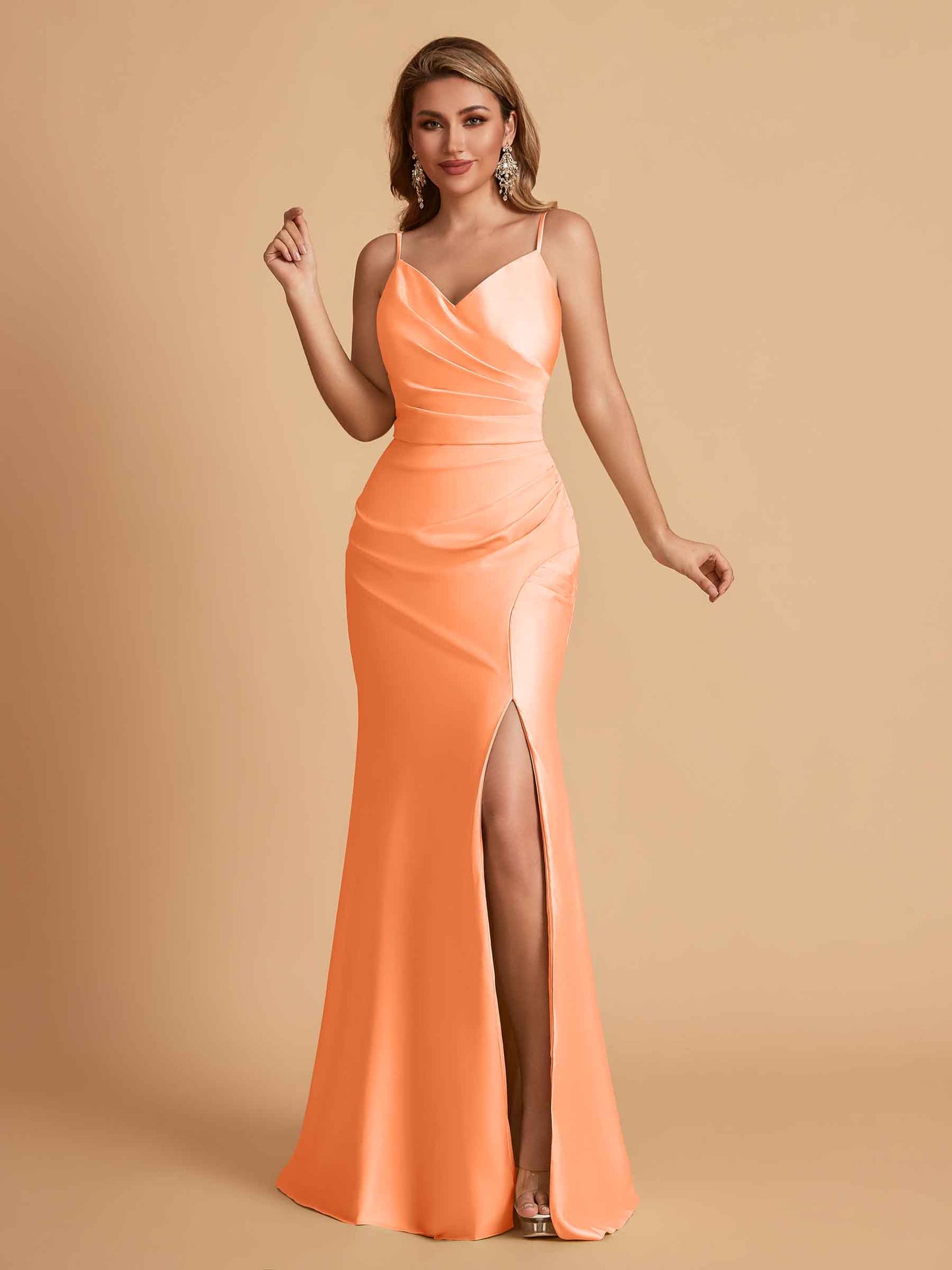 Elegant Satin Spaghetti Straps Mermaid Side Slit Floor Length Bridesmaid Dresses
