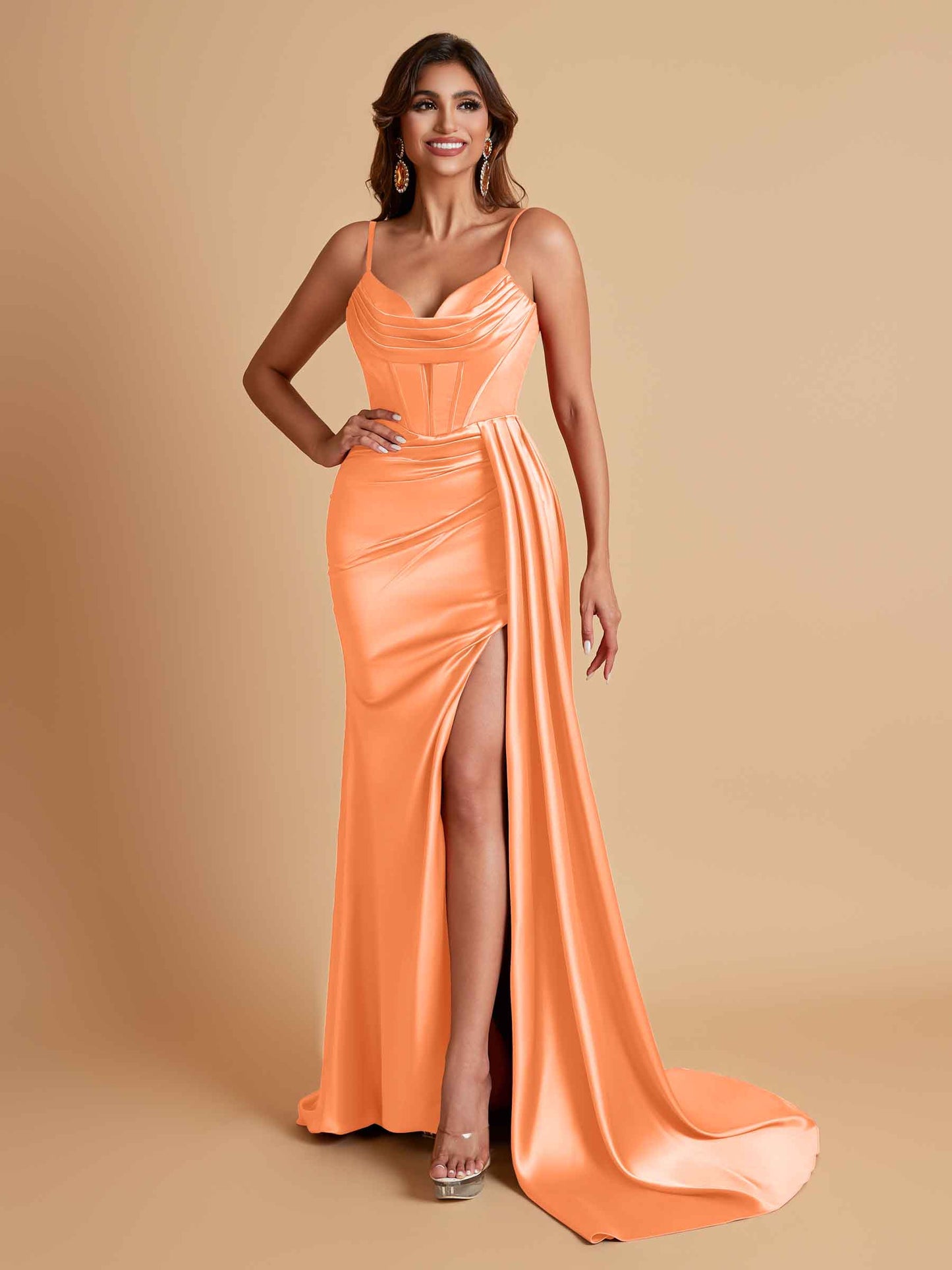 Sexy Soft Satin V-neck Spaghetti Strap Side-Slit Mermaid Bridesmaid Dresses