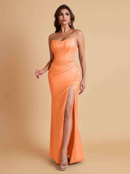 Sexy Strapless Soft Satin Side Slit Floor-Length Mermaid Bridesmaid Dresses