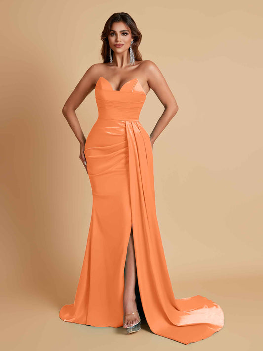 Gorgeous Strapless Soft Satin Side Slit Floor-Length Mermaid Bridesmaid Dresses