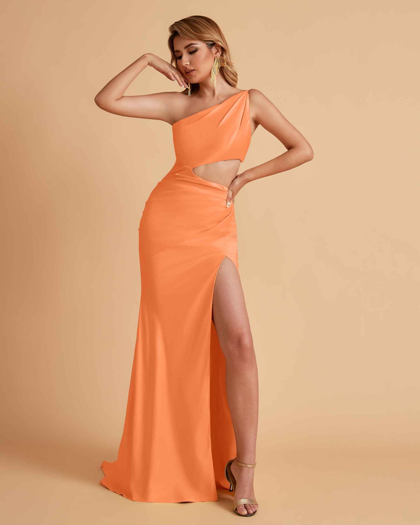 Sexy One-Shoulder Waist Cutout With High Split Floor-Length Bridesmaid Dresses