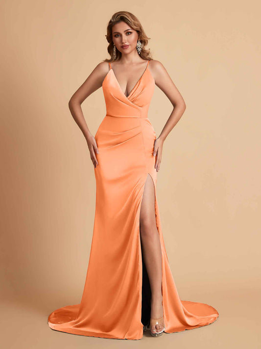 Elegant Satin Spaghetti Straps V-Neck Mermaid Side Slit Floor Length Bridesmaid Dresses