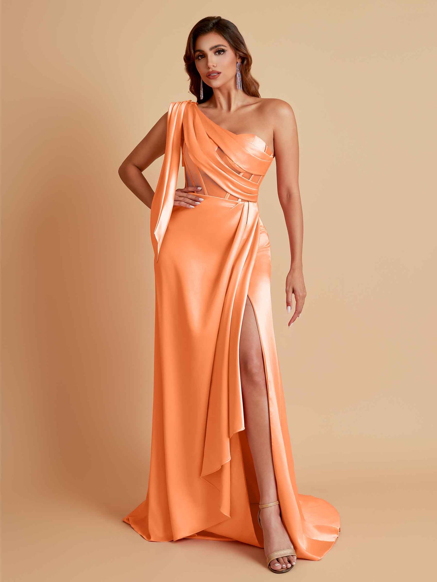 Sexy Soft Satin Mermaid One Shoulder Asymmetrical Side Slit Floor-Length Bridesmaid Dresses