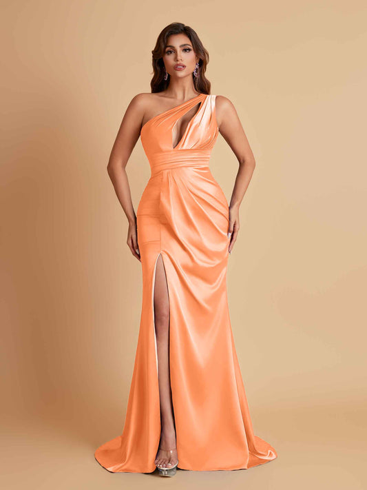 Sexy One Shoulder Soft Satin Side Slit Floor-Length Mermaid Bridesmaid Dresses