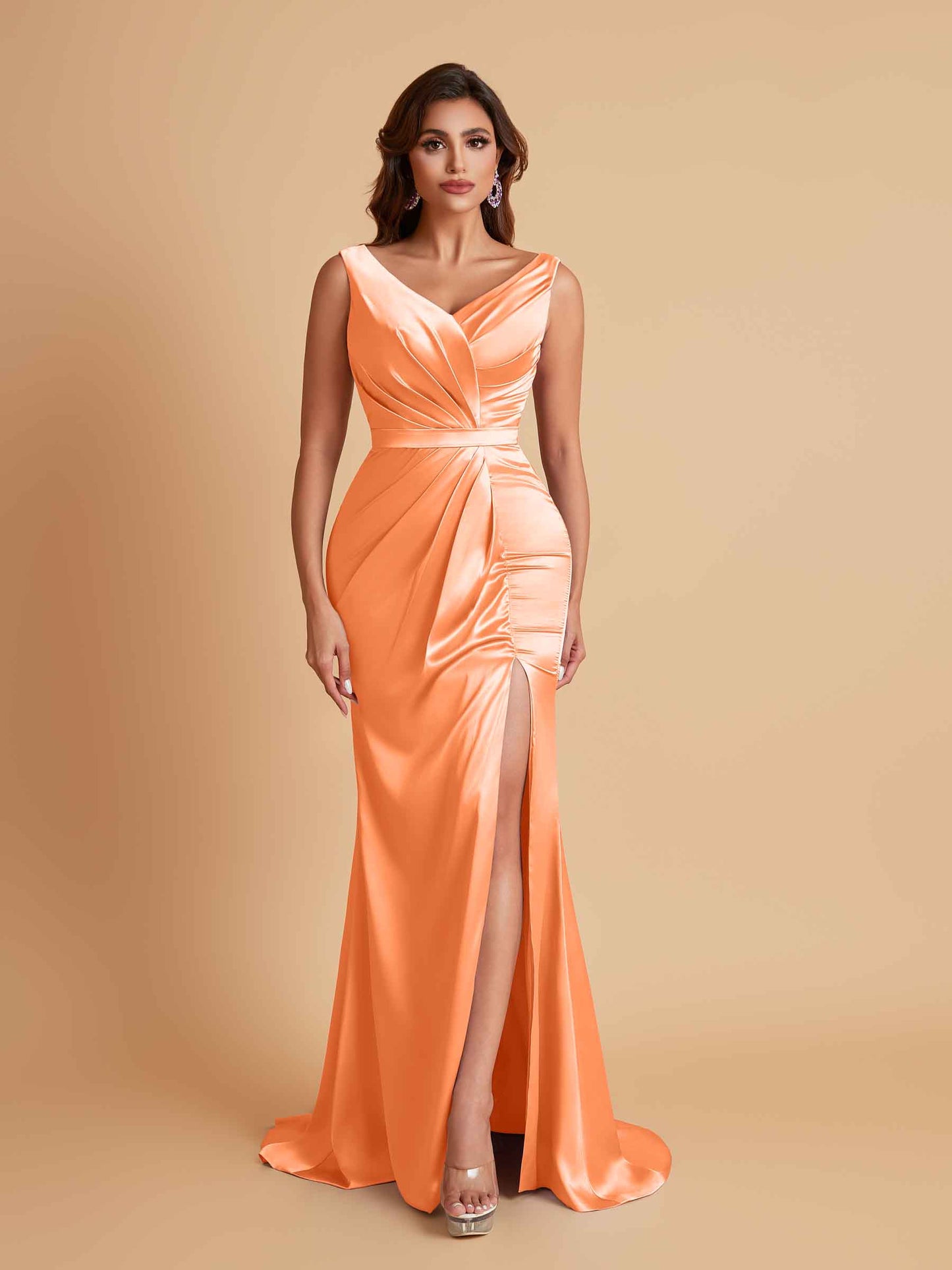 Elegant V Neck Soft Satin Side Slit Floor-Length Mermaid Bridesmaid Dresses
