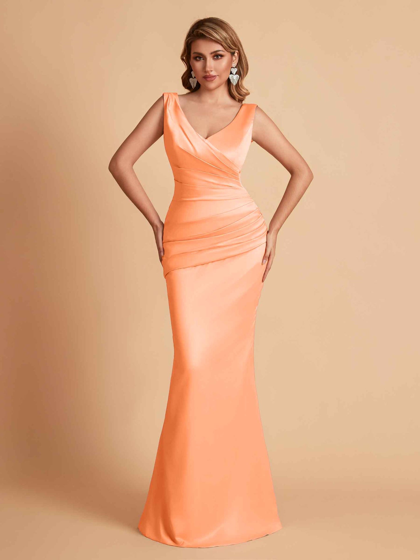 Elegant Satin V-neck Sleeveless Mermaid Floor Length Bridesmaid Dresses