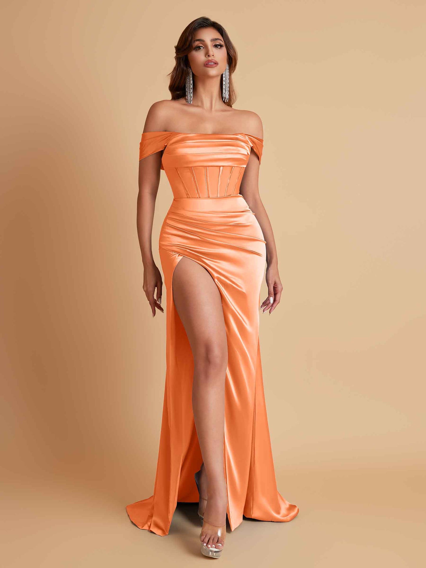 Sexy Off the Shoulder Soft Satin Side Slit Floor-Length Mermaid Bridesmaid Dresses