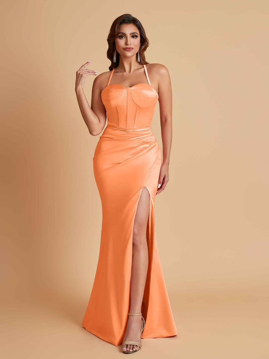 Sexy Soft Satin Mermaid Spaghetti Straps Side Slit Floor-Length Bridesmaid Dresses