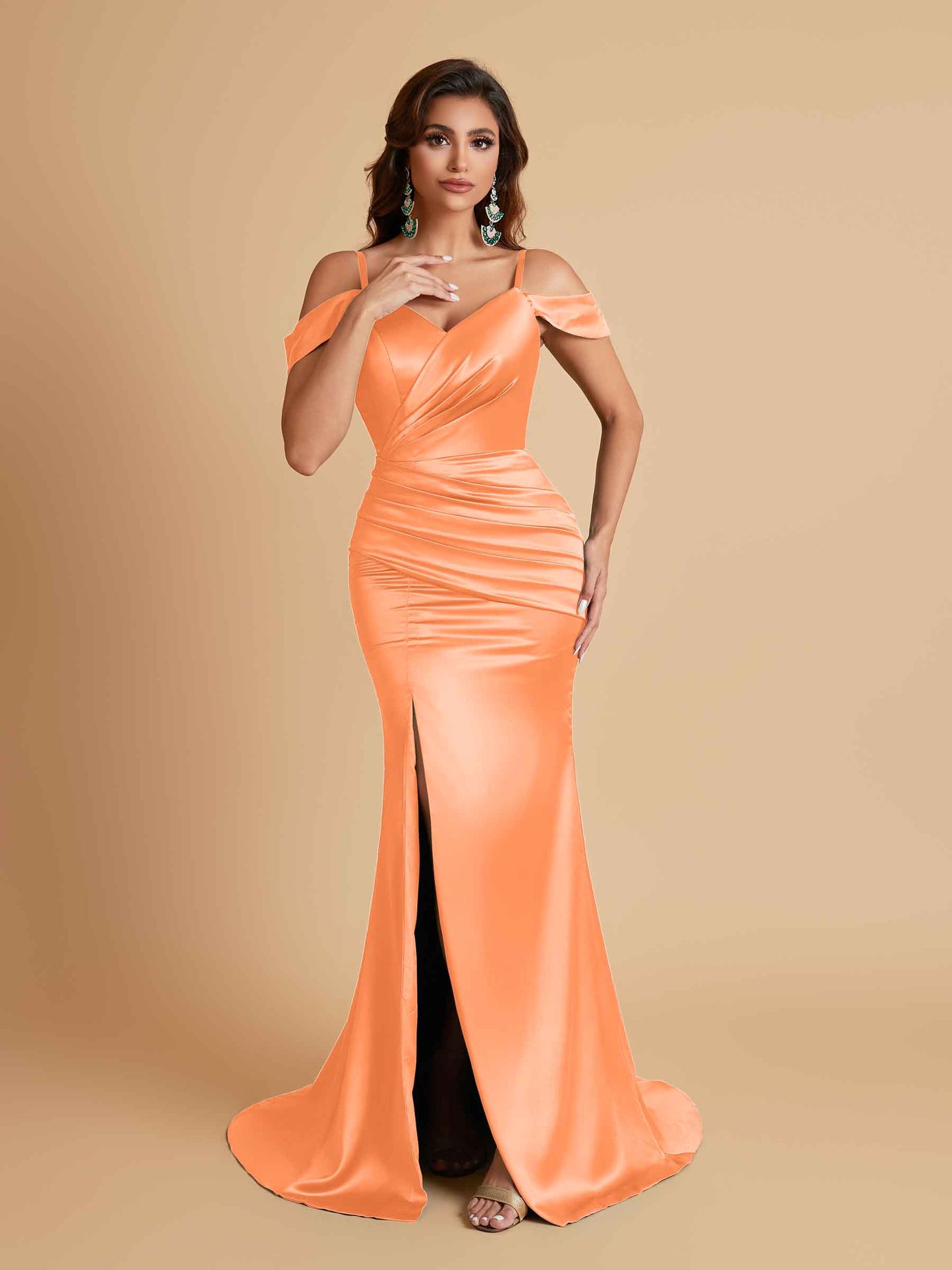 Sexy Soft Satin Mermaid Off Shoulder Side Slit Floor-Length Mermaid Bridesmaid Dresses