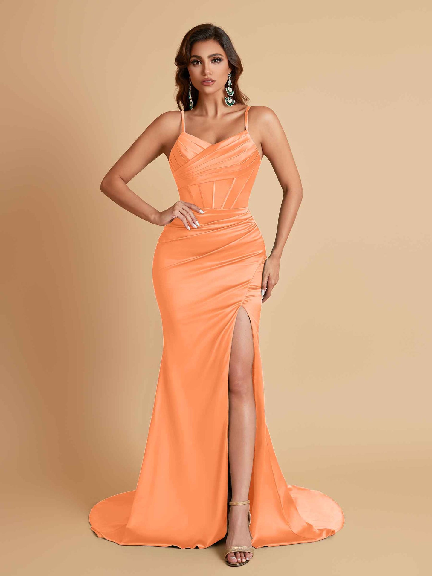 Sexy Spaghetti Straps V Neck Soft Satin Side Slit Floor-Length Mermaid Bridesmaid Dresses