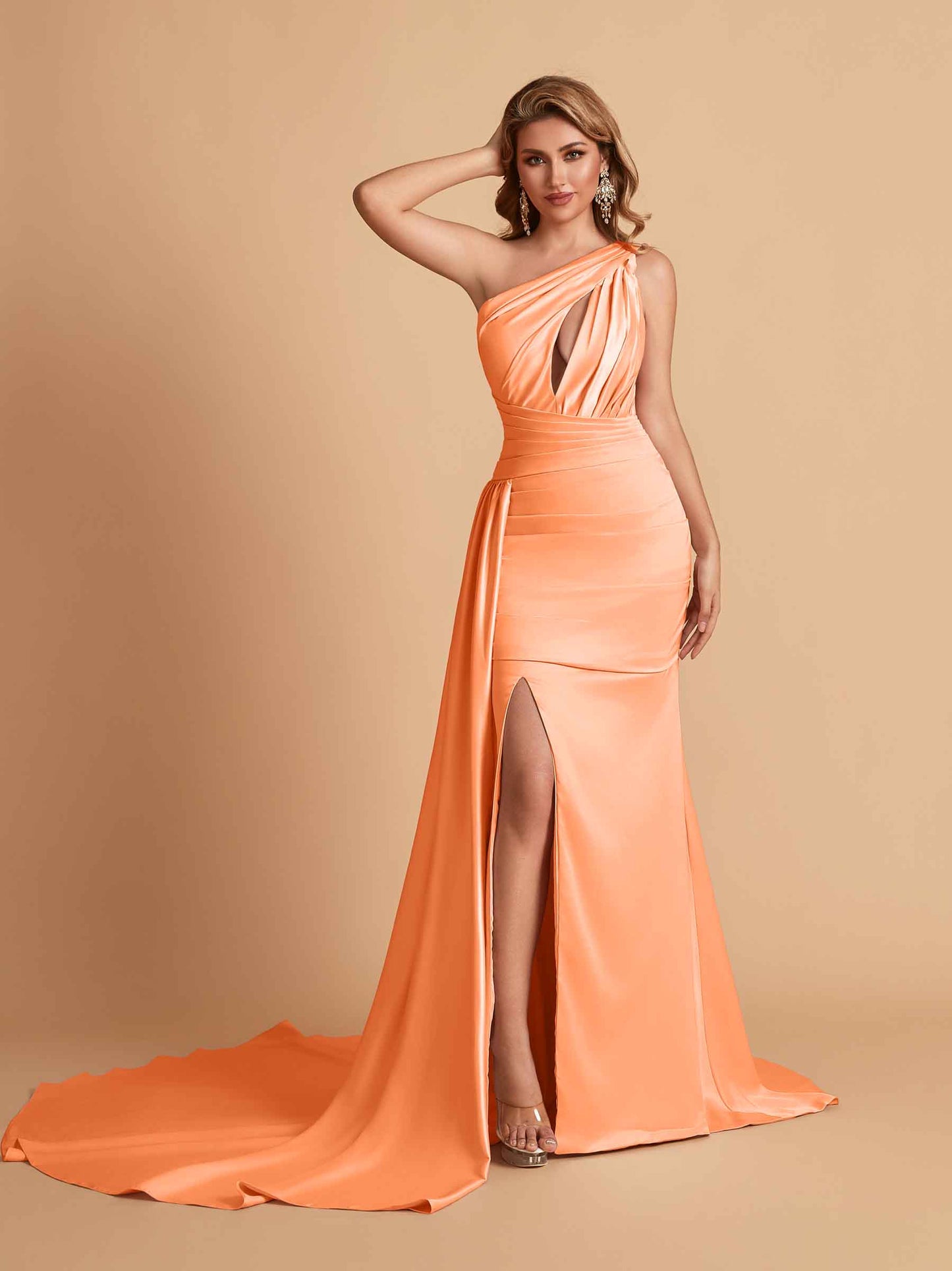Sexy Satin Mermaid One Shoulder Side Slit Long Bridesmaid Dresses