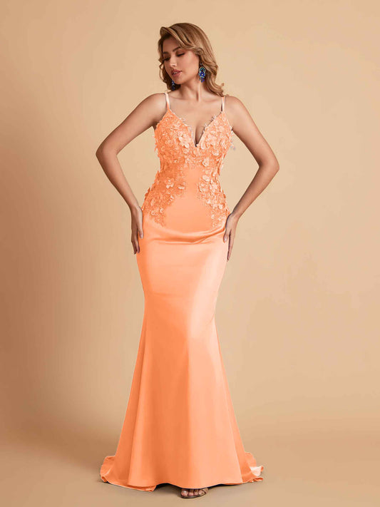 Sexy Satin Spaghetti Straps V-neck Mermaid Floor Length Applique Bridesmaid Dresses
