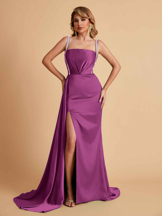 Sexy Satin Mermaid With Train Bridesmaid Dresses Pleats Side-Slit Floor-Length Wedding Guest Dresses
