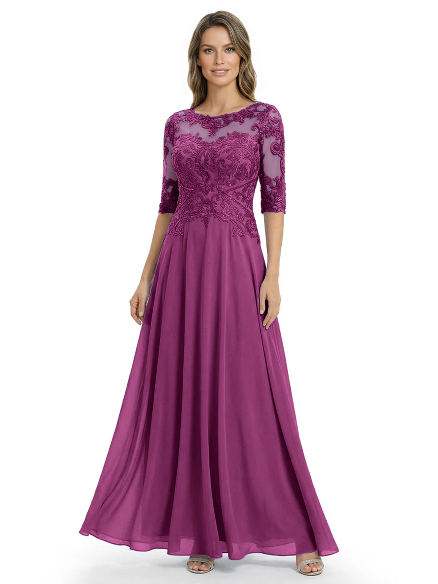 Illusion Neck Mother of the Bride Dress Half Sleeve Lace Applique Gowns Chiffon