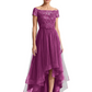 Formal High-Low Mother of the Bride Gown Short Sleeve Lace Maxi Dress with Tiered Skirt