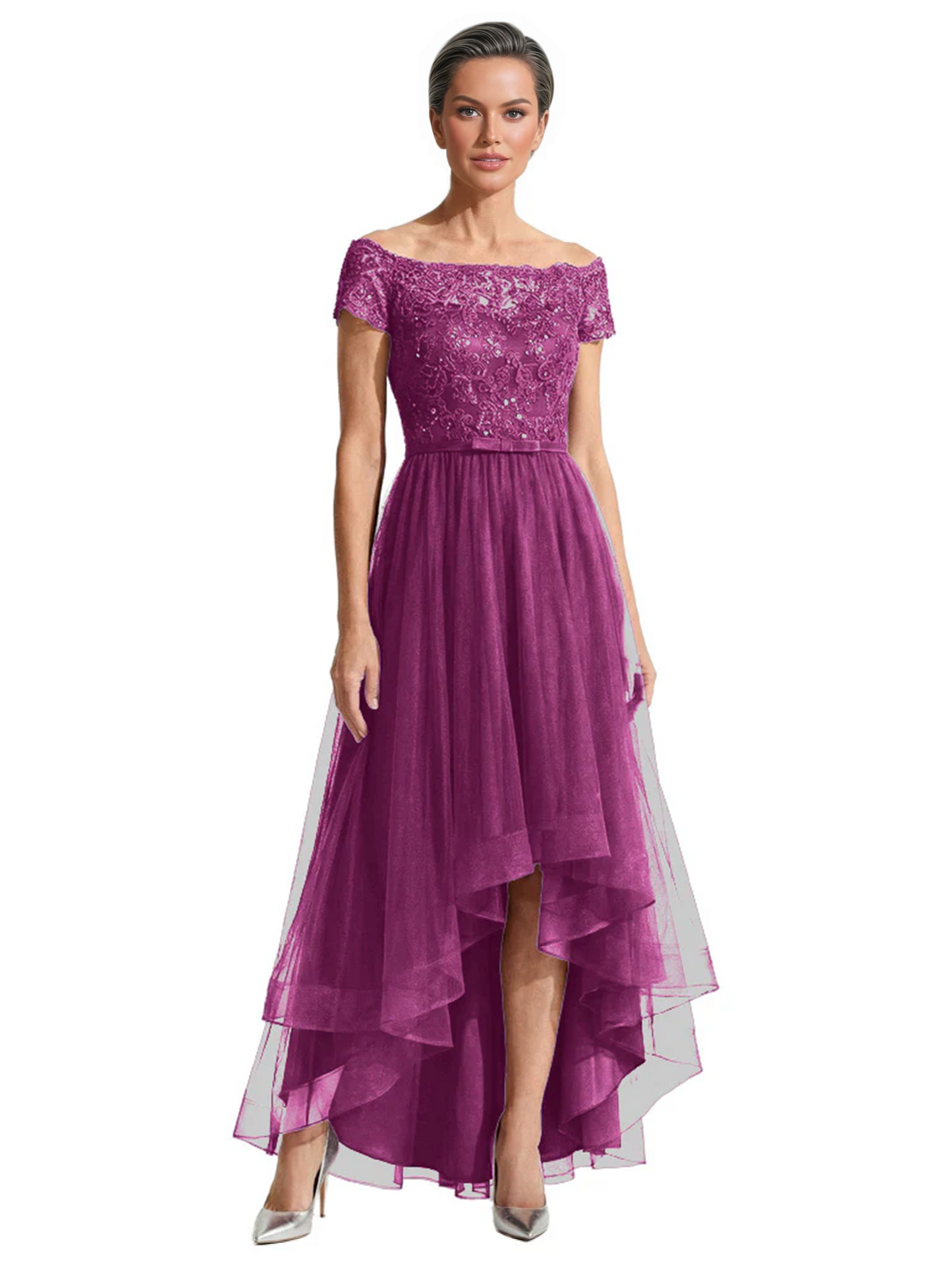 Formal High-Low Mother of the Bride Gown Short Sleeve Lace Maxi Dress with Tiered Skirt