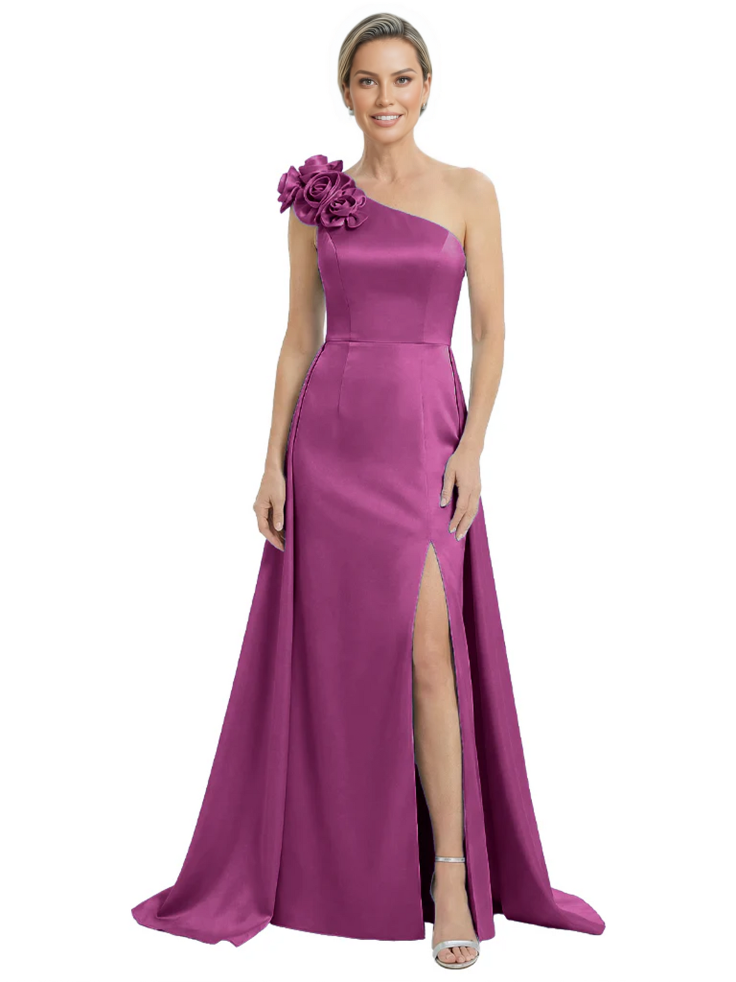 One Shoulder Mother of the Bride Dress with 3D Floral Detail Formal Dress A-Line Gowns with Slit