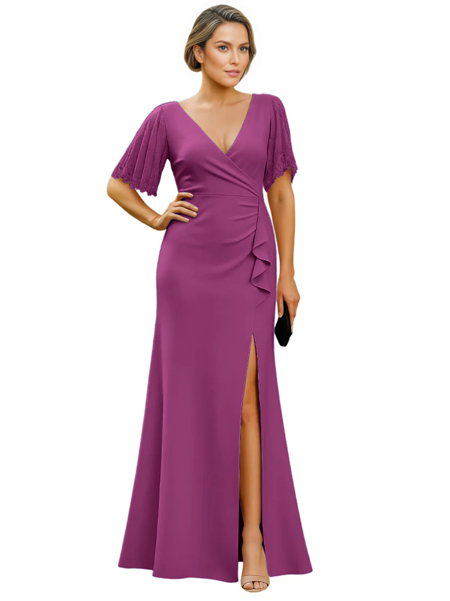Elegant Evening Gown Trending V-Neck & Ruffle Detail Mother of Bride Outfits Slit