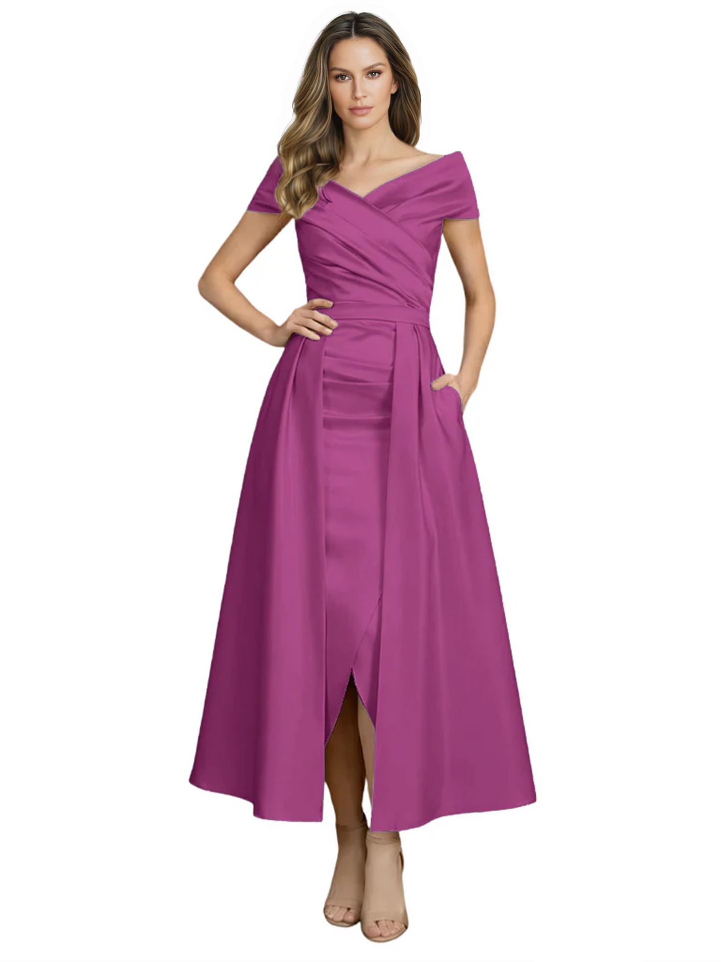 Formal Floor-Length Mother of the Bride Gown Satin Maxi Dress with Slit Off Shoulder