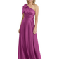 One-Shoulder Mother of the Bride Dress Satin Gown with Bow Ruched Empire Waist
