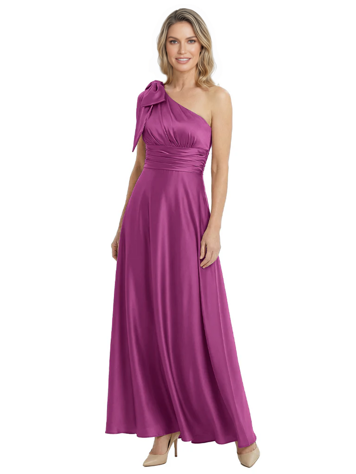 One-Shoulder Mother of the Bride Dress Satin Gown with Bow Ruched Empire Waist
