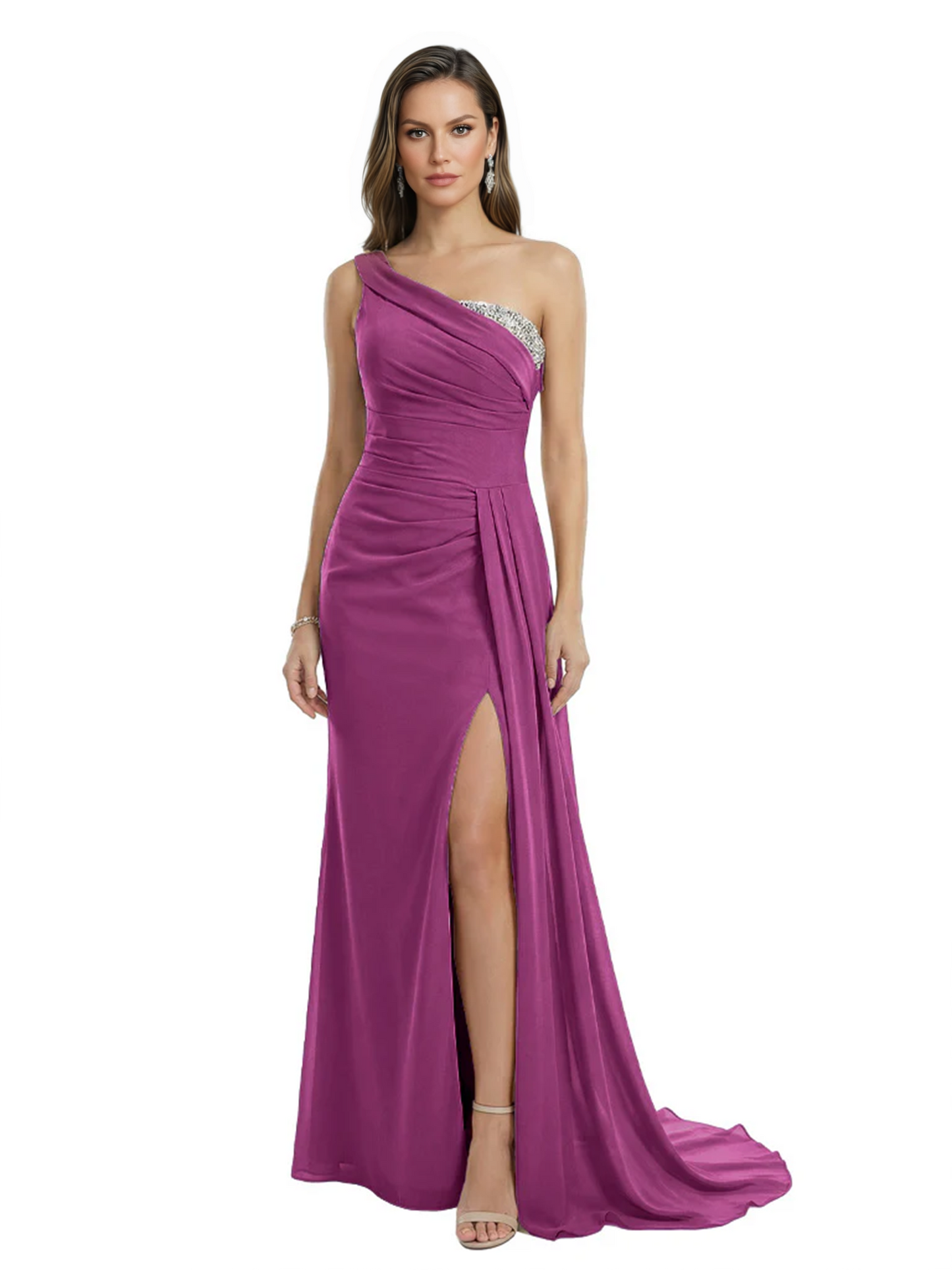 One Shoulder Mother of Bride Dress Ruffle Formal Gowns Mermaid Floor Length Train Slit