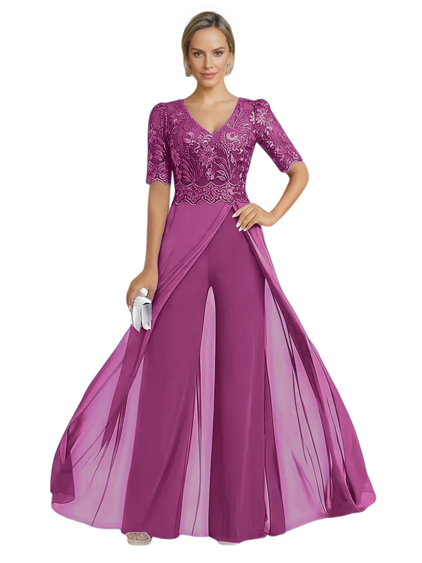 V-Neck Chiffon Mother of the Brides Jumpsuits Dresses Floor Length A-Line Lace