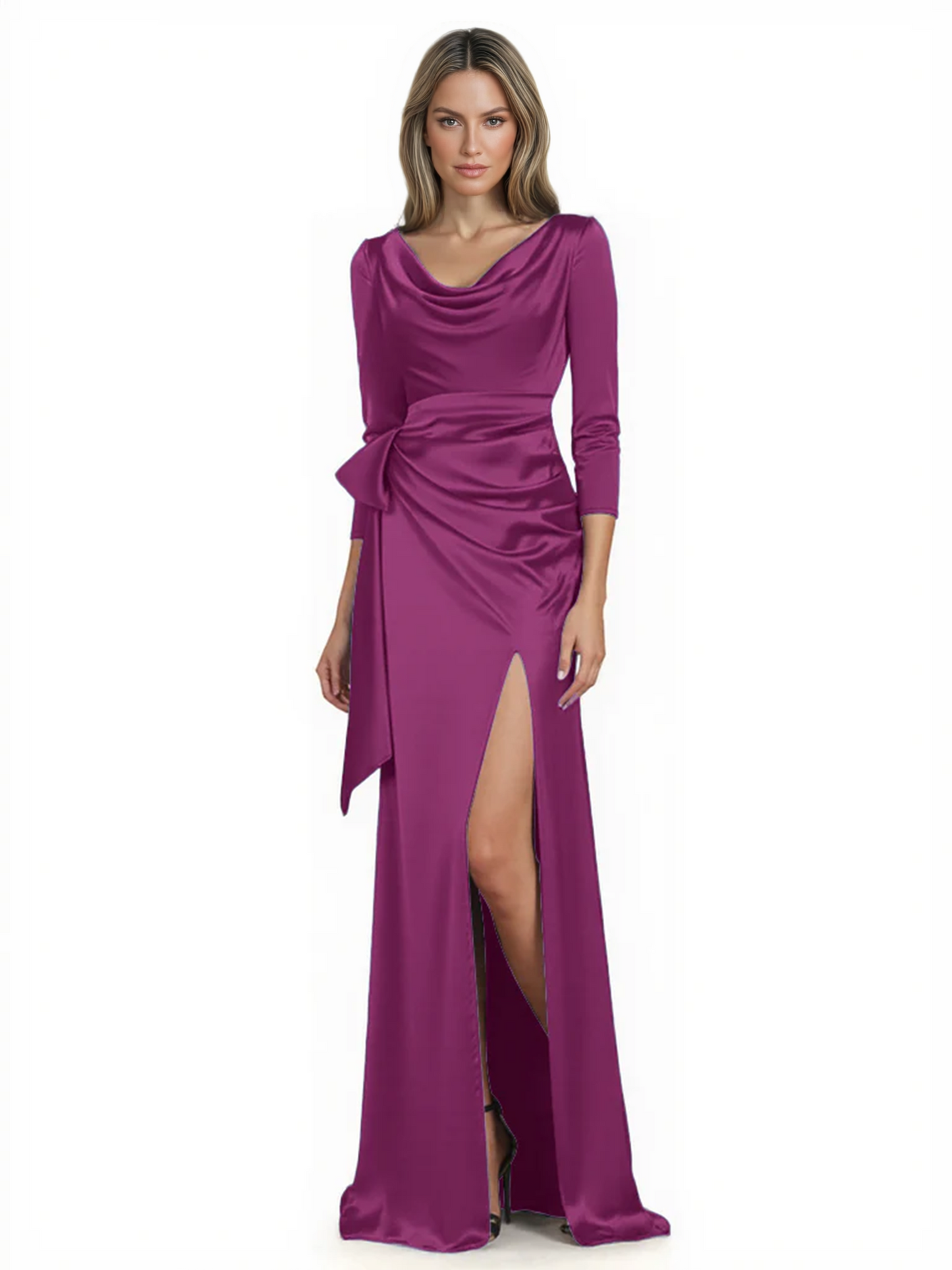 Elegant Evening Gowns Slit Trending Styles Satin Slit Formal Dress Cowl Neckline Gown Tie