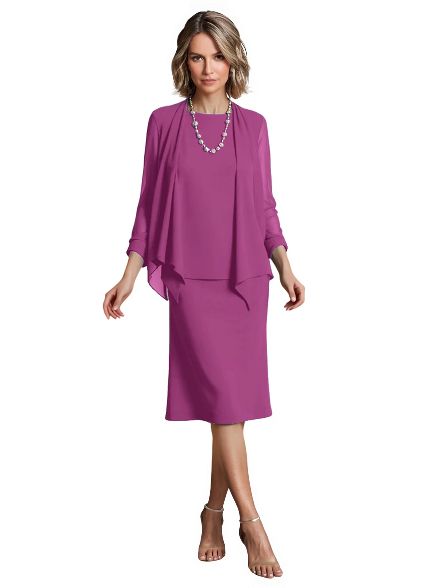 3 PCS Knee-Length Mother of Bride Dresses Prom Dress Evening Dress with Sheer Sleeves and Jacket
