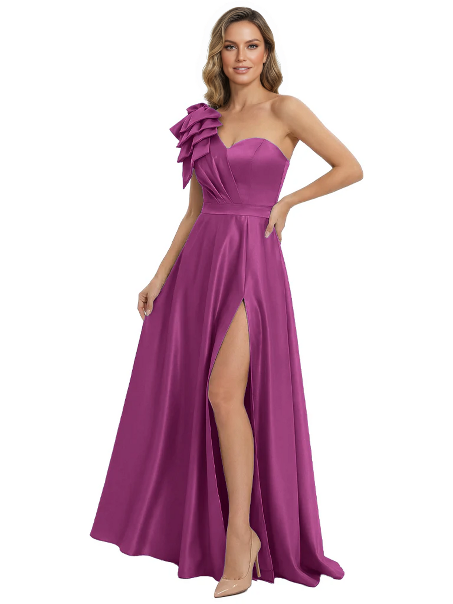Elegant Mother of the Groom Dress A-Line Satin Formal Gown with High Slit Ruched Bodice