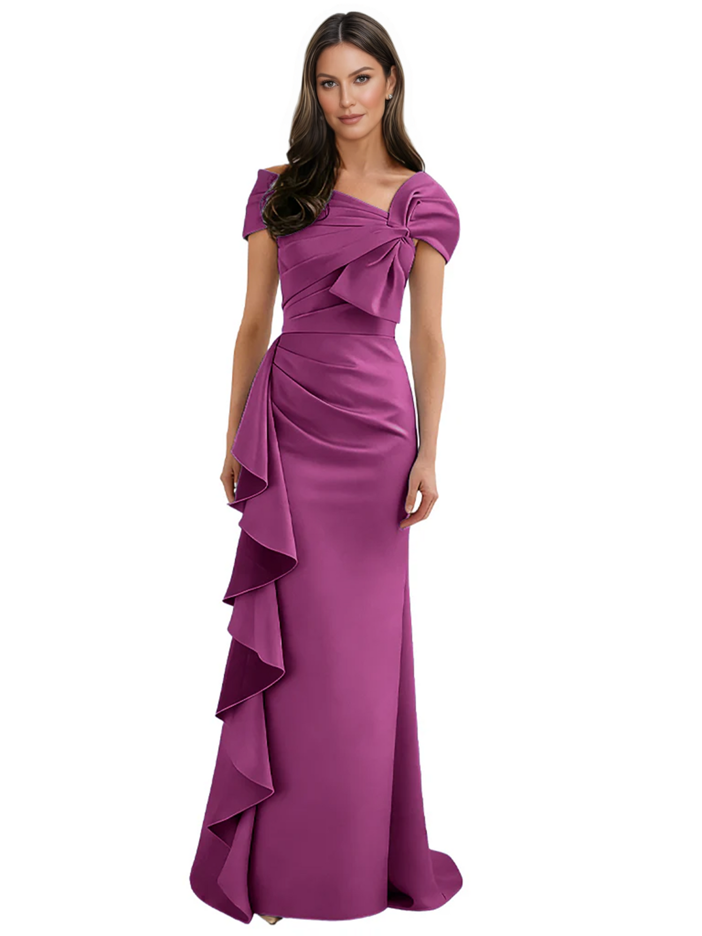 Elegant Mother of Bride Dress Formal Gowns Mermaid Ruffle Floor Length Asymmetric Neckline
