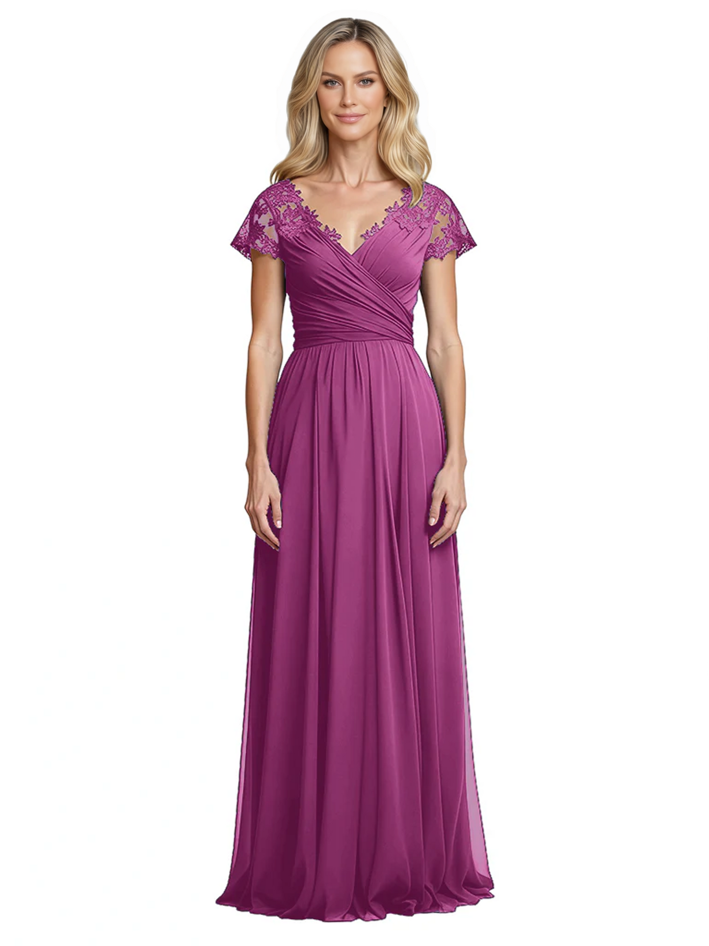 Mother of the Bride Dress Cap Sleeves and V-Neckline with Embroidered Lace Shoulders