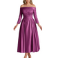 Off Shoulder Mother of the Bride Dress Tea-Length Satin Gown with Lace Applique