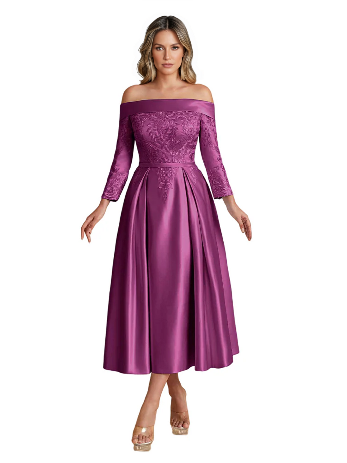 Off Shoulder Mother of the Bride Dress Tea-Length Satin Gown with Lace Applique