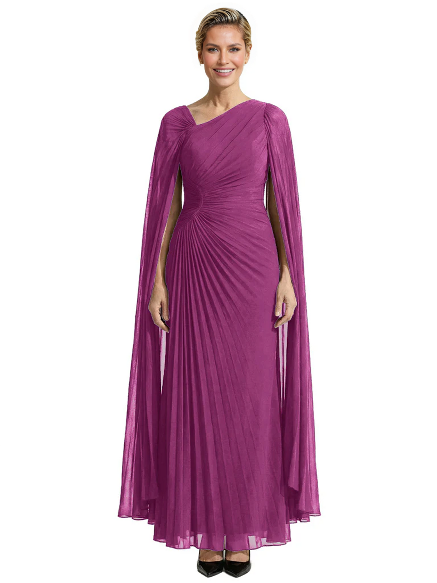 Elegant Asymmetric Neck Long A-Line Chiffon Mother of the Brides Dresses Mom Outfit with Cape