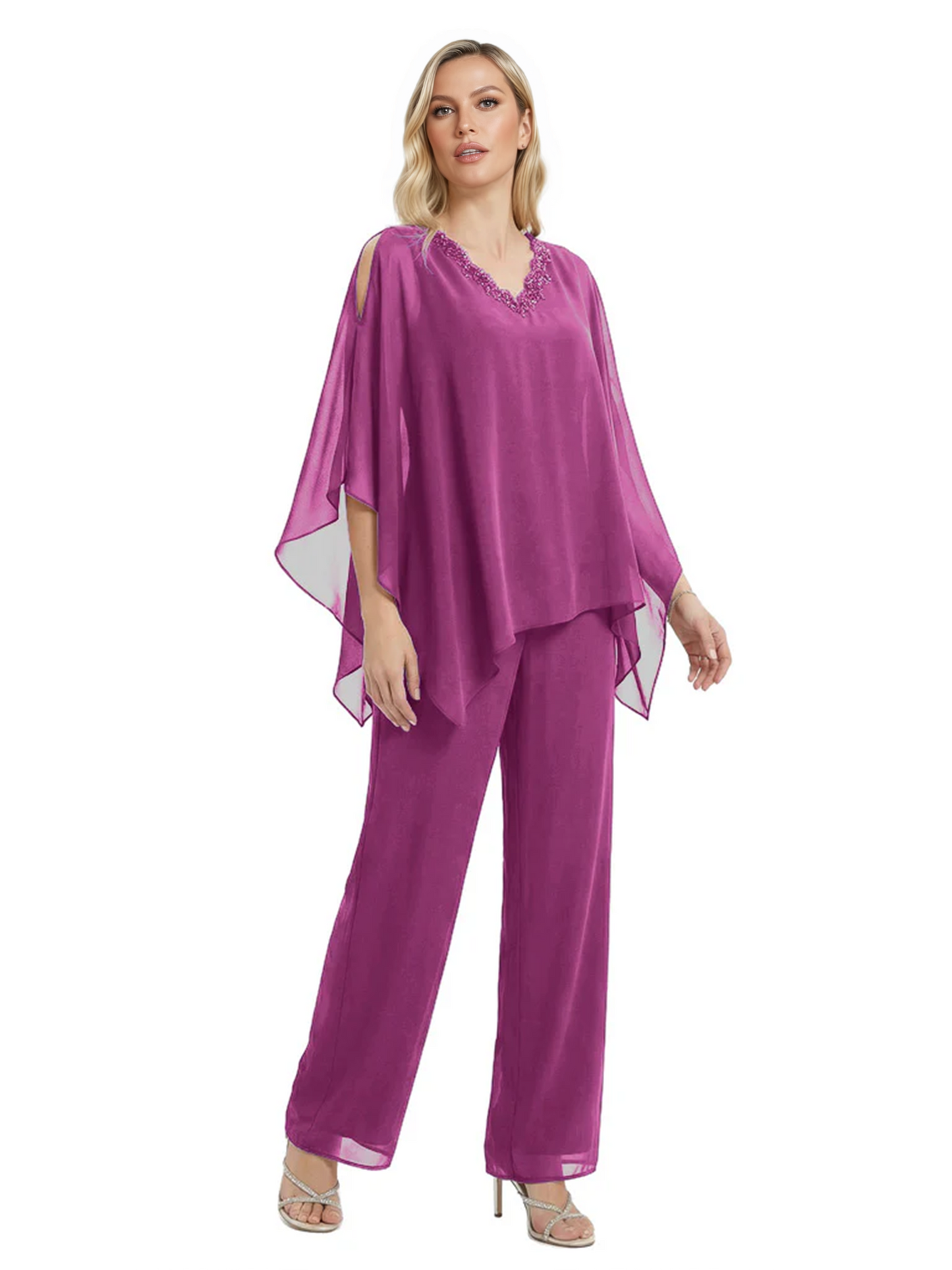 V-Neck Chiffon Mother of the Brides Dresses Plus Size Jacket Suits Wedding
