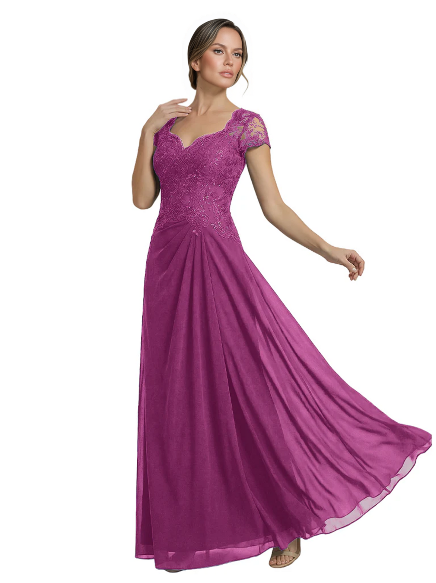 Long A-line Chiffon Short Sleeves Mother of the Brides Dresses Lace Wedding