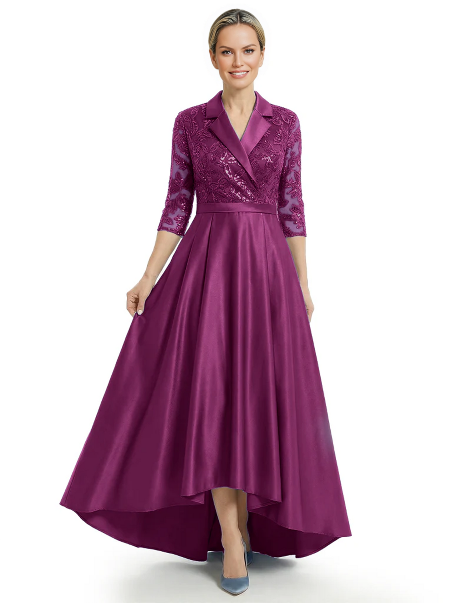 Elegant Mother of Bride Dress Evening Gowns Trending Styles with Lapel Collar 3/4 Sleeves