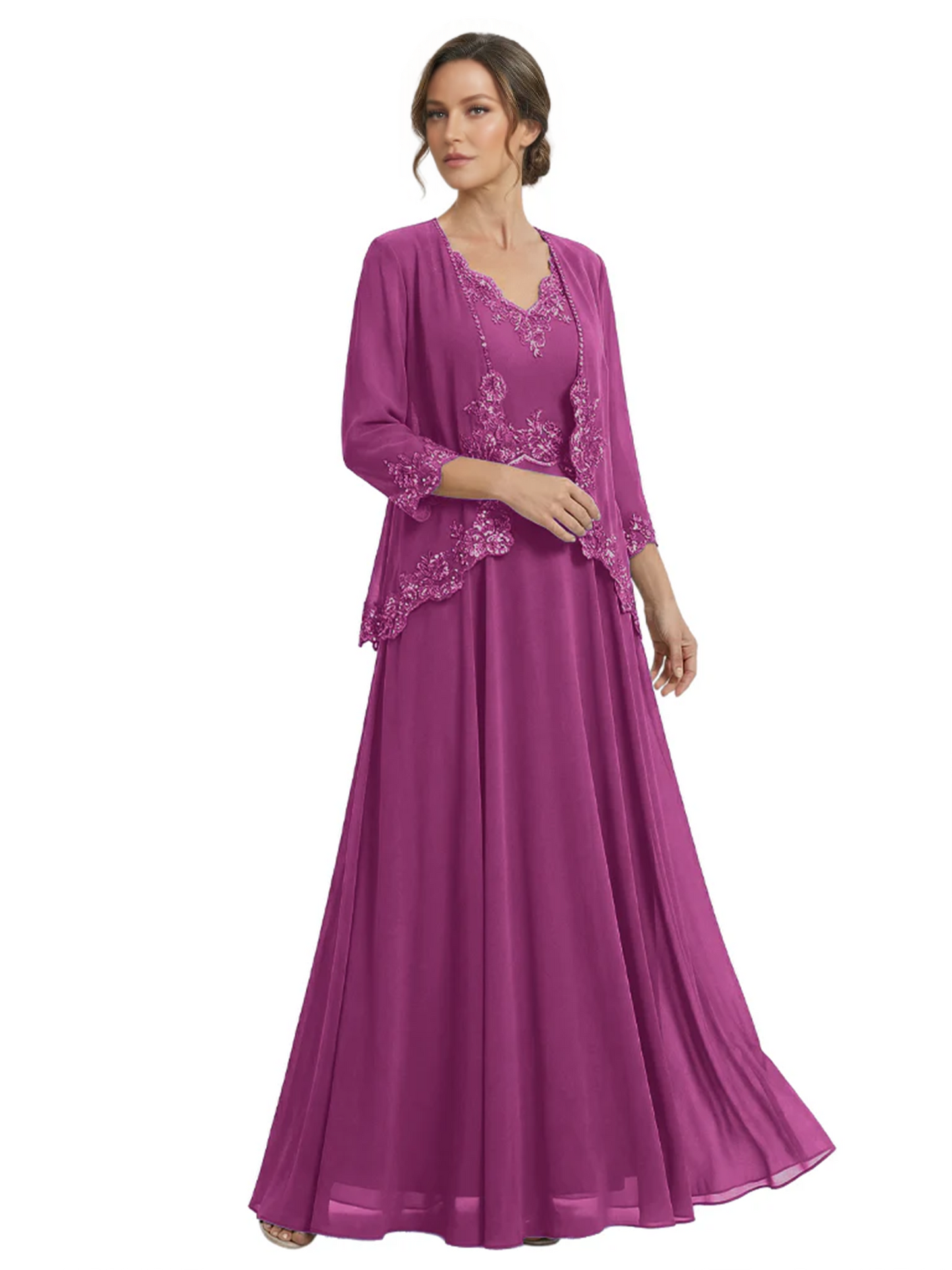 Plus Size A-line Chiffon 3/4 Sleeves Mother of the Brides Dresses Long Jacket Dress